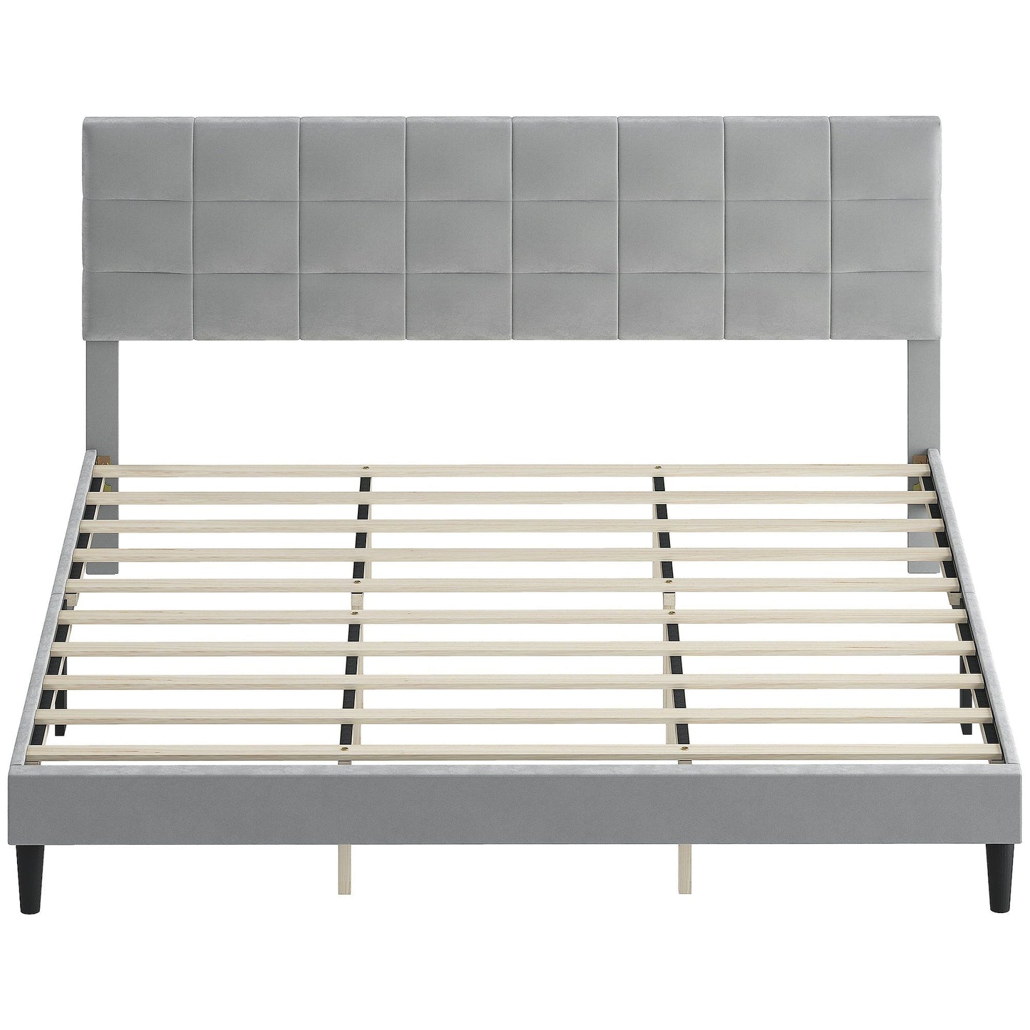 King Platform Bed Frame with Upholstered Headboard - Grey