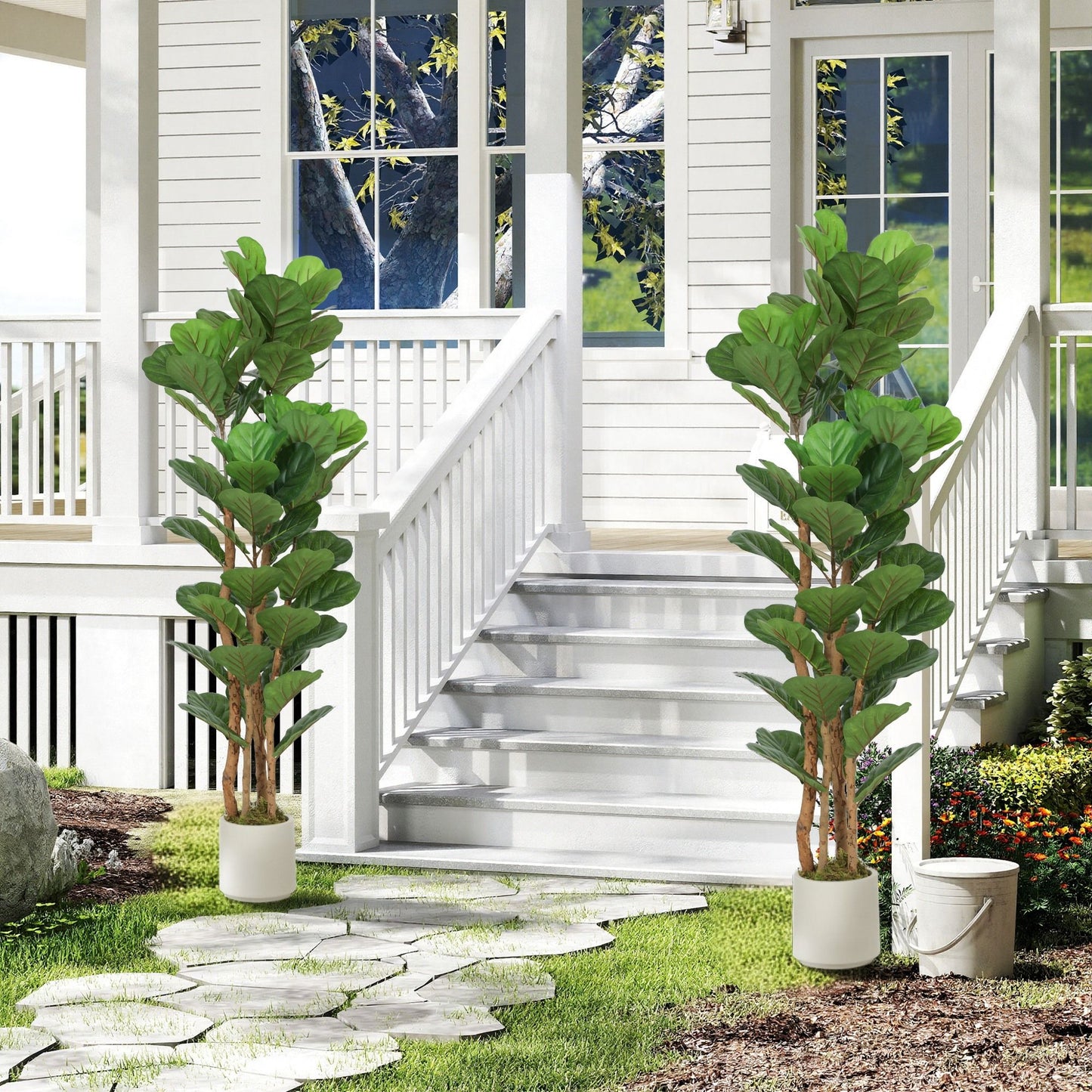5FT Artificial Fiddle Leaf Fig Tree Set of 2, Fake Potted Tree with Solid Wood Trunks for Indoor Decor, Green