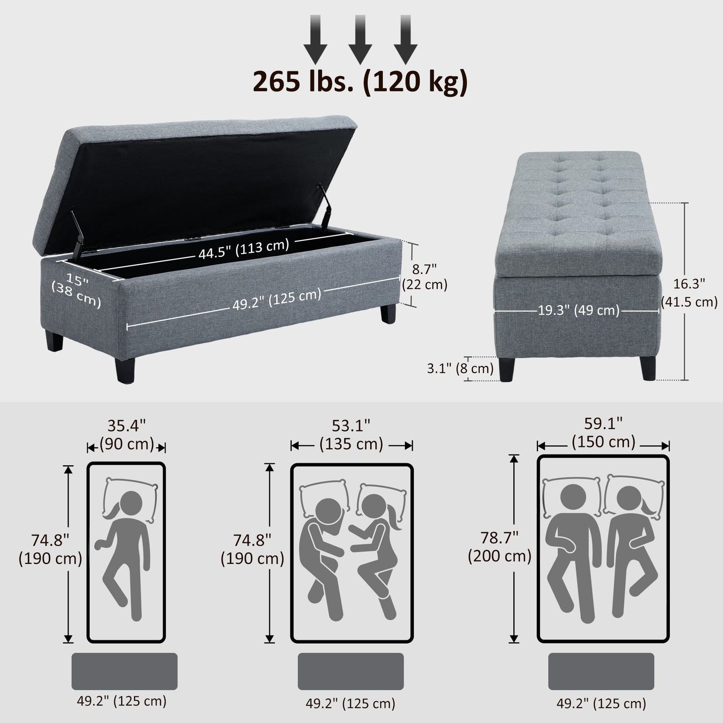 Tufted Linen Storage Bench - Grey