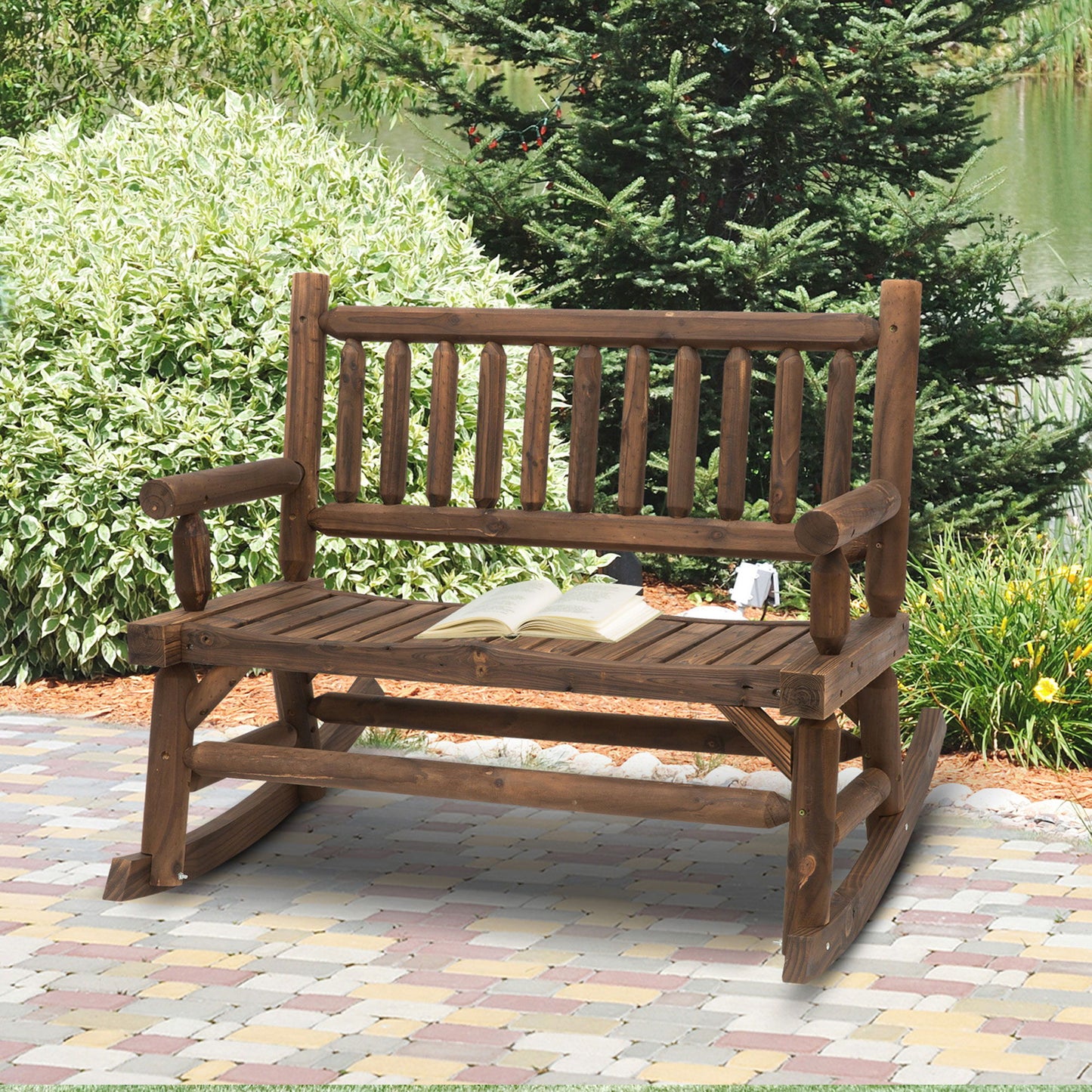 2-Person Wood Patio Rocker, Outdoor Rocking Chair, Porch Rocking Bench with Slat Back and Seat, Carbonized Colour