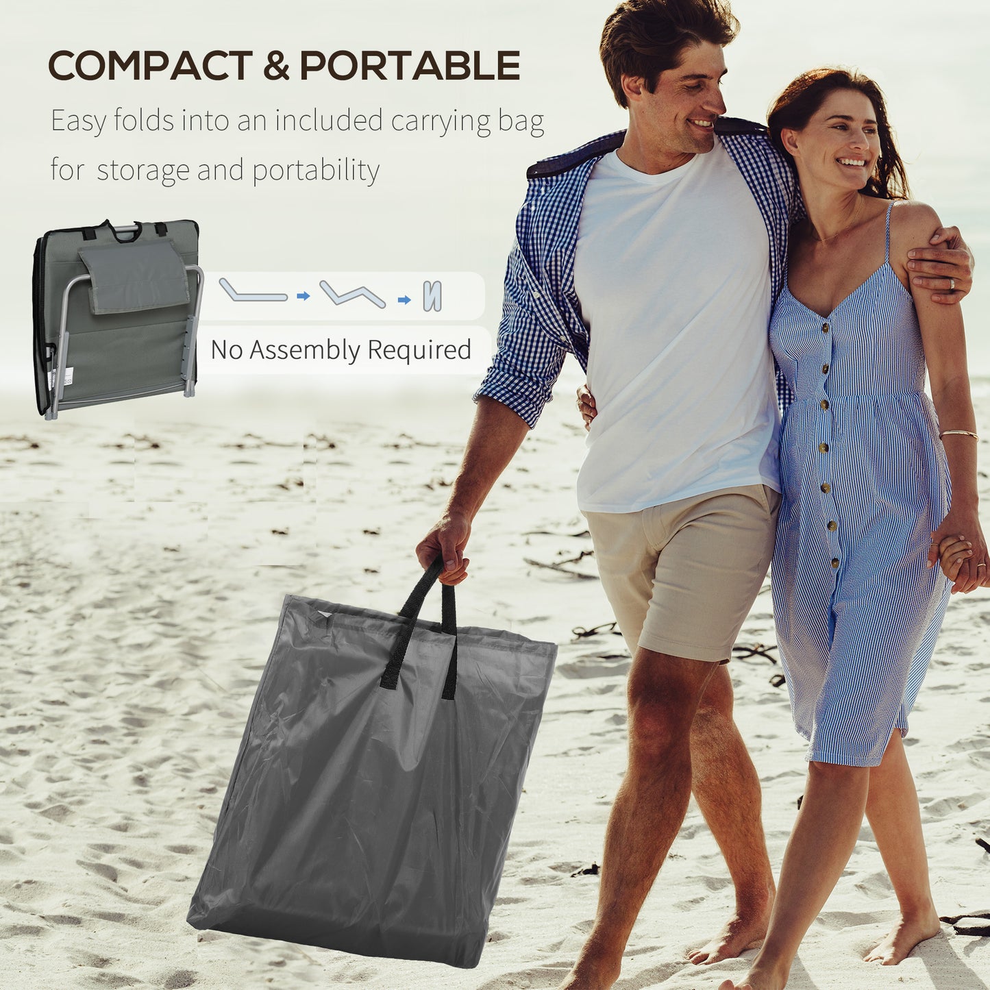 Set of 2 Sun Lounger Beach Mat Folding Lounge Chair Mat with Adjustable Back Steel Frame Head Pillow Carry Bag Grey