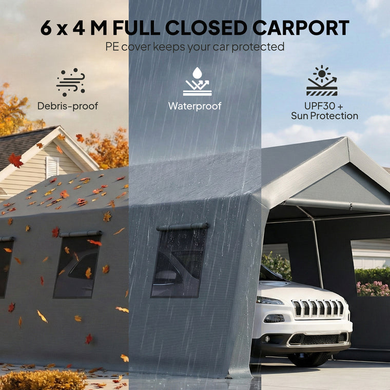 20' x 13' Dark Grey Carport with Roll-Up Door & Windows