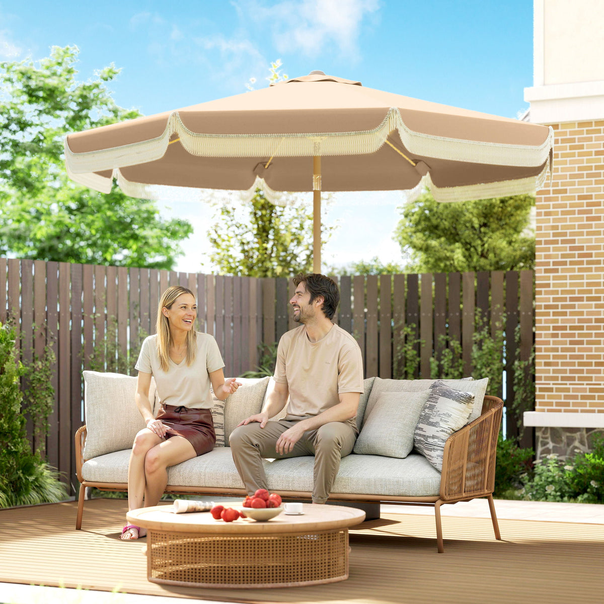 9 ft Patio Umbrella with Push Button Tilt and Crank, Fringed Outdoor Market Table Umbrella Parasol, Khaki