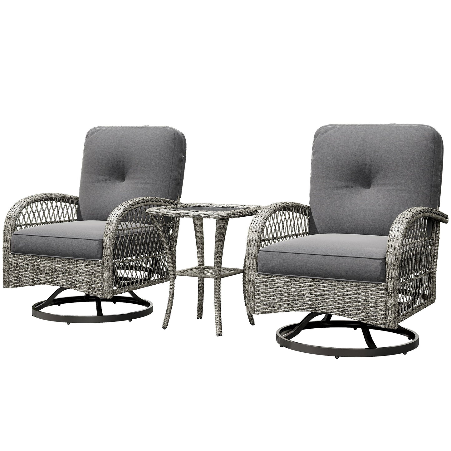 Wicker Balcony Furniture with 2 Swivel Rocking Chairs and 2-Tier Glass Coffee Table, 3 Piece Patio Set for Porch, Grey