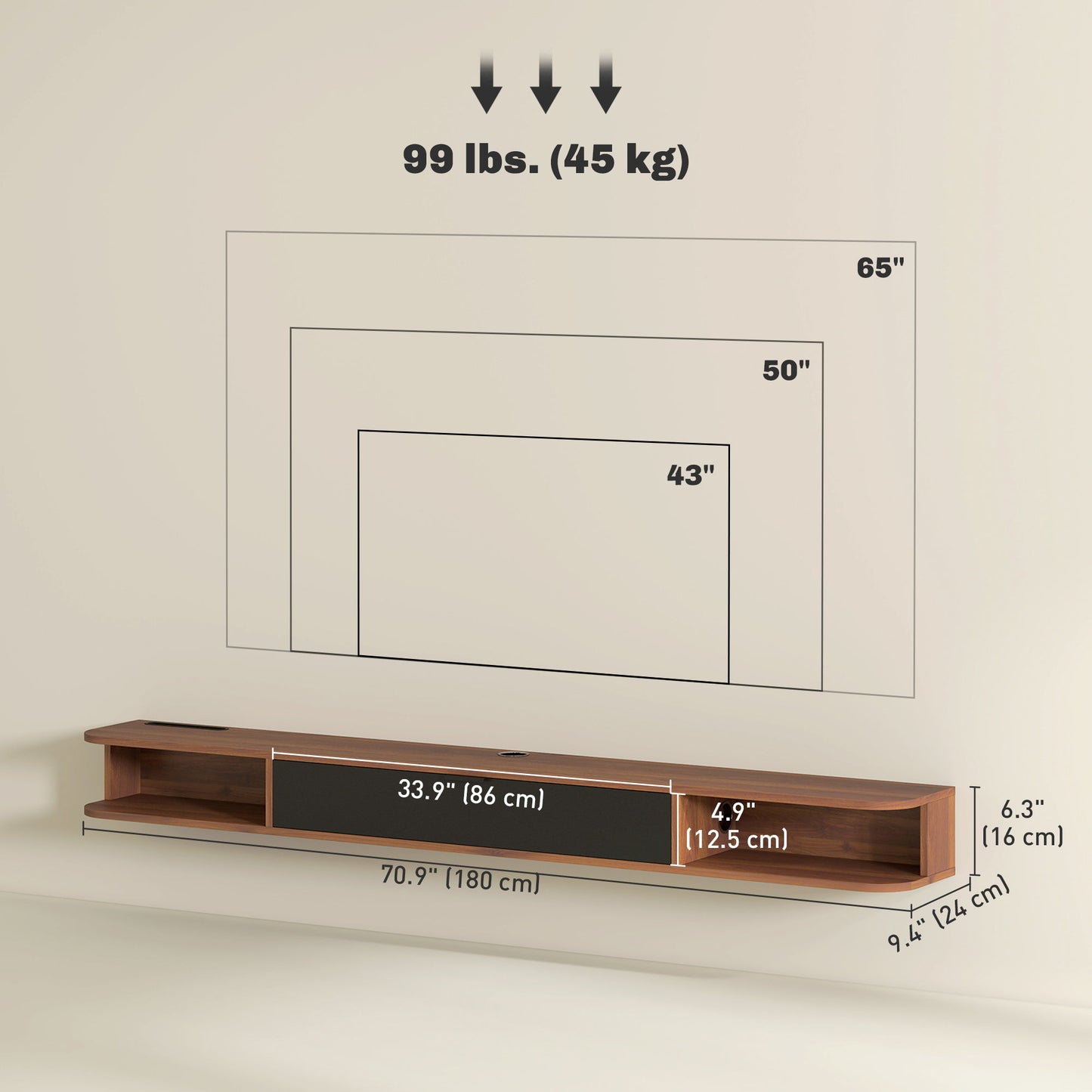 71" Floating TV Stand for TVs up to 75 Inch, Wall Mounted Media Console with Flip Drawer and 2 Open Shelves, Walnut