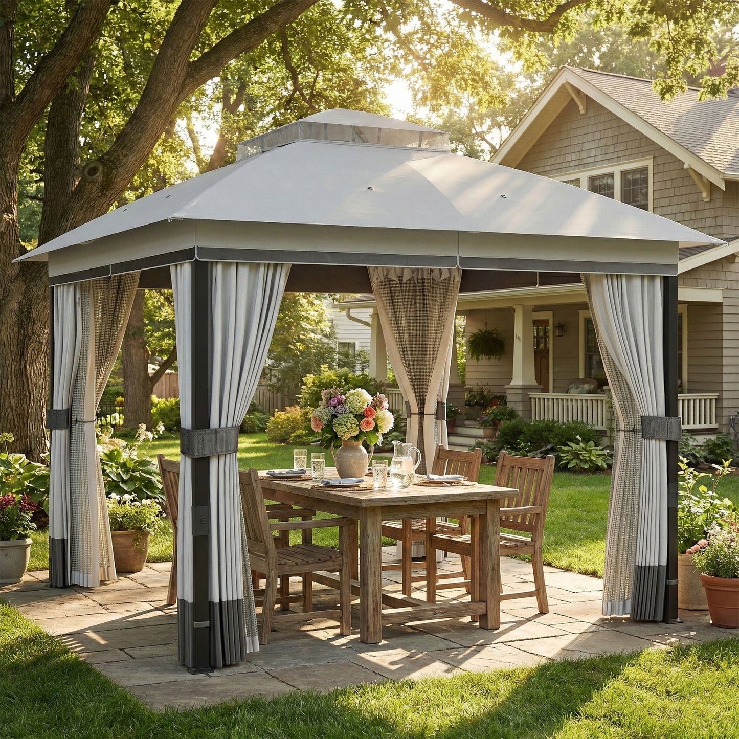 10' x 10' Patio Gazebo, UPF50+ Double Roof Outdoor Gazebo Canopy with Netting and Curtains, Steel Frame, Light Grey