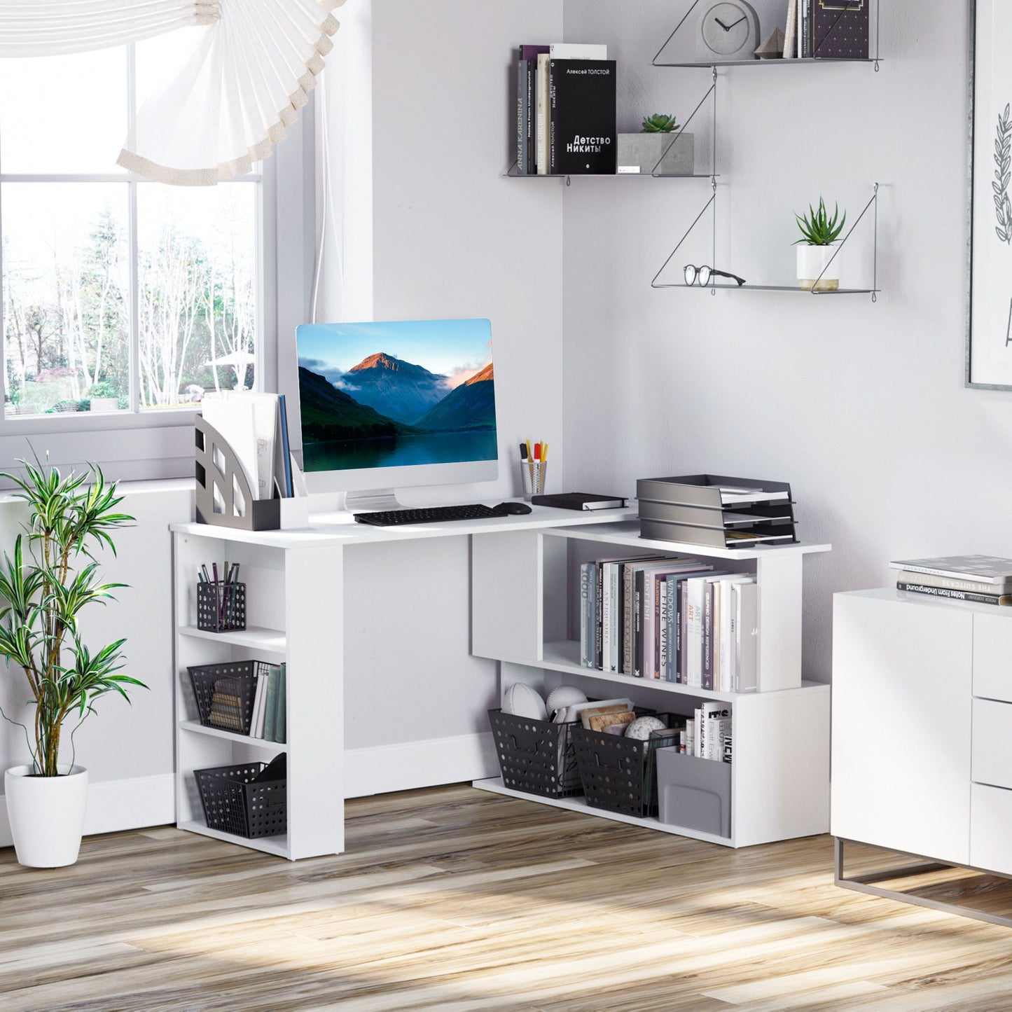 47" L Shaped Desk, 360° Rotating Corner Desk, Reversible Computer Writing Table Workstation with Storage Shelf for Home Office, White