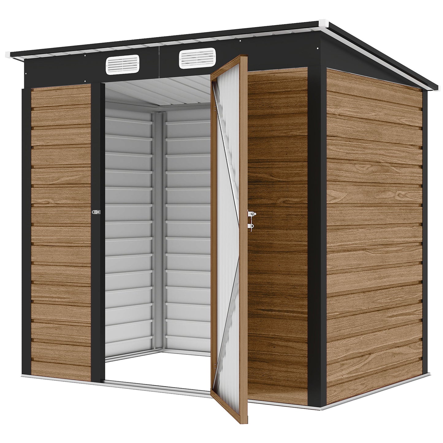 6' x 4' Galvanized Garden Storage Shed, Metal Outdoor Shed with Double Doors and 2 Vents, Teak