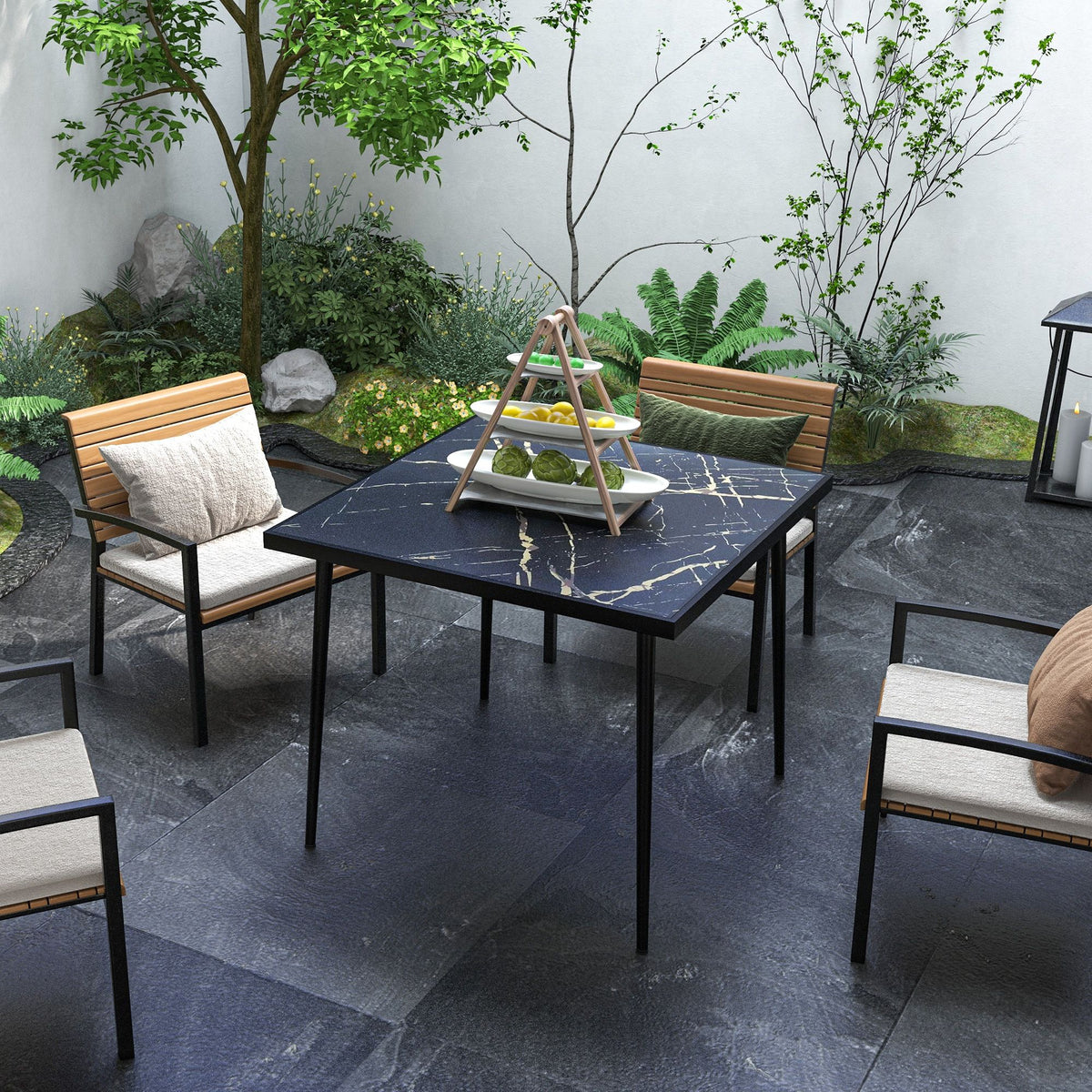 Outdoor Dining Table for 4, Square Patio Dining Table with Marble Effect Tempered Glass Top and Steel Frame, Black