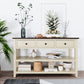 Mid-Century Retro Console Table with 3 Drawers, 2 Open Shelves, Circular Handles, Solid Pine Wood Frame, 50" L x 16" W x 30" H, Beige