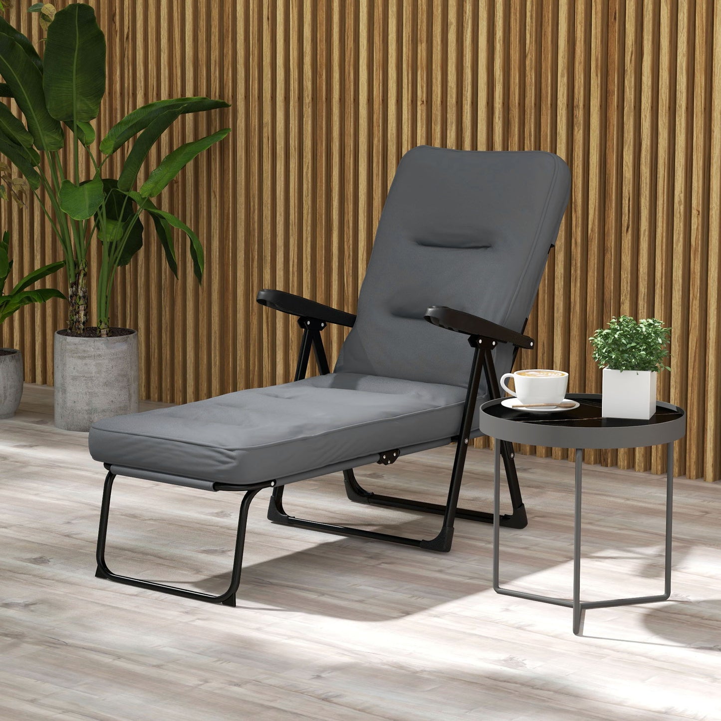 Outdoor Lounge Chair with Padded Cushion, Folding Reclining Patio Garden Chair with Recline Back, Footrest, for Poolside, Patio, Light Grey