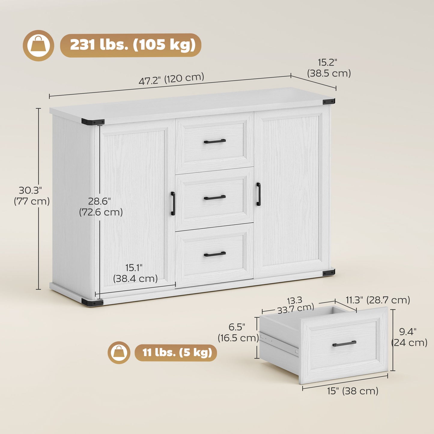 Sideboard with 3 Drawers and 2 Doors, 47" Buffet Cabinet with Adjustable Shelves for Kitchen, White Wood Grain