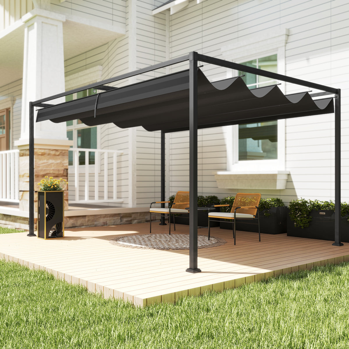 10' x 7' Black Patio Pergola with Retractable Canopy