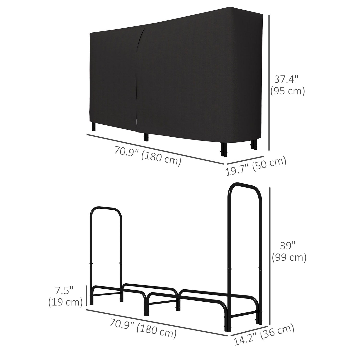 6ft Outdoor Firewood Rack with Cover, Adjustable Wood Storage Holder, Indoor Outdoor Log Rack for Fireplace, Black