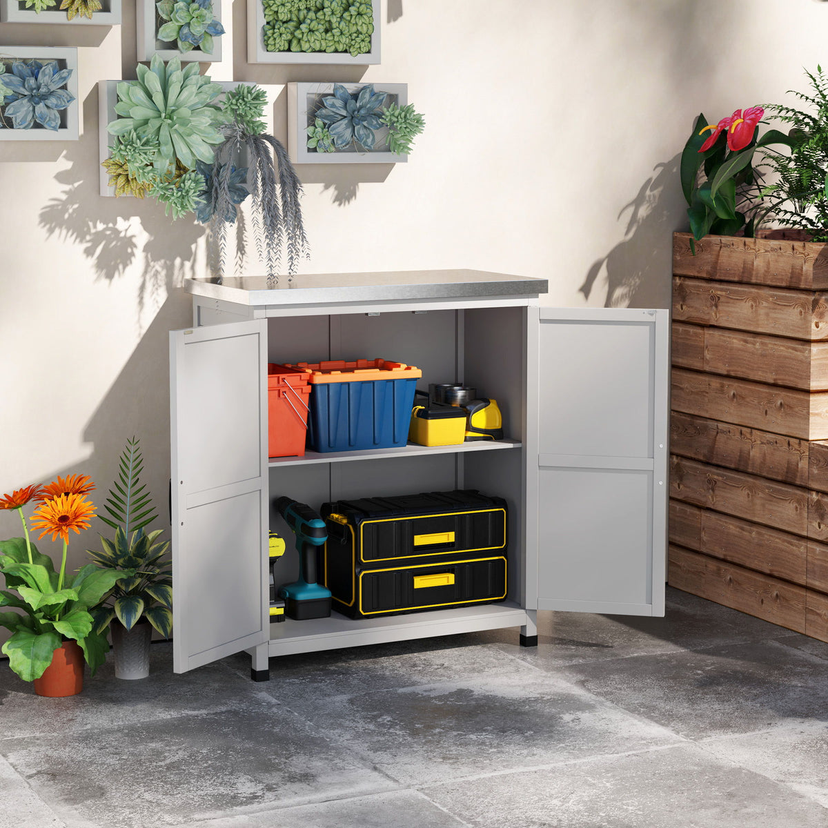 Garden Storage Cabinet, Outdoor Potting Bench Table with Metal Tabletop, Shelf and Double Doors, Grey