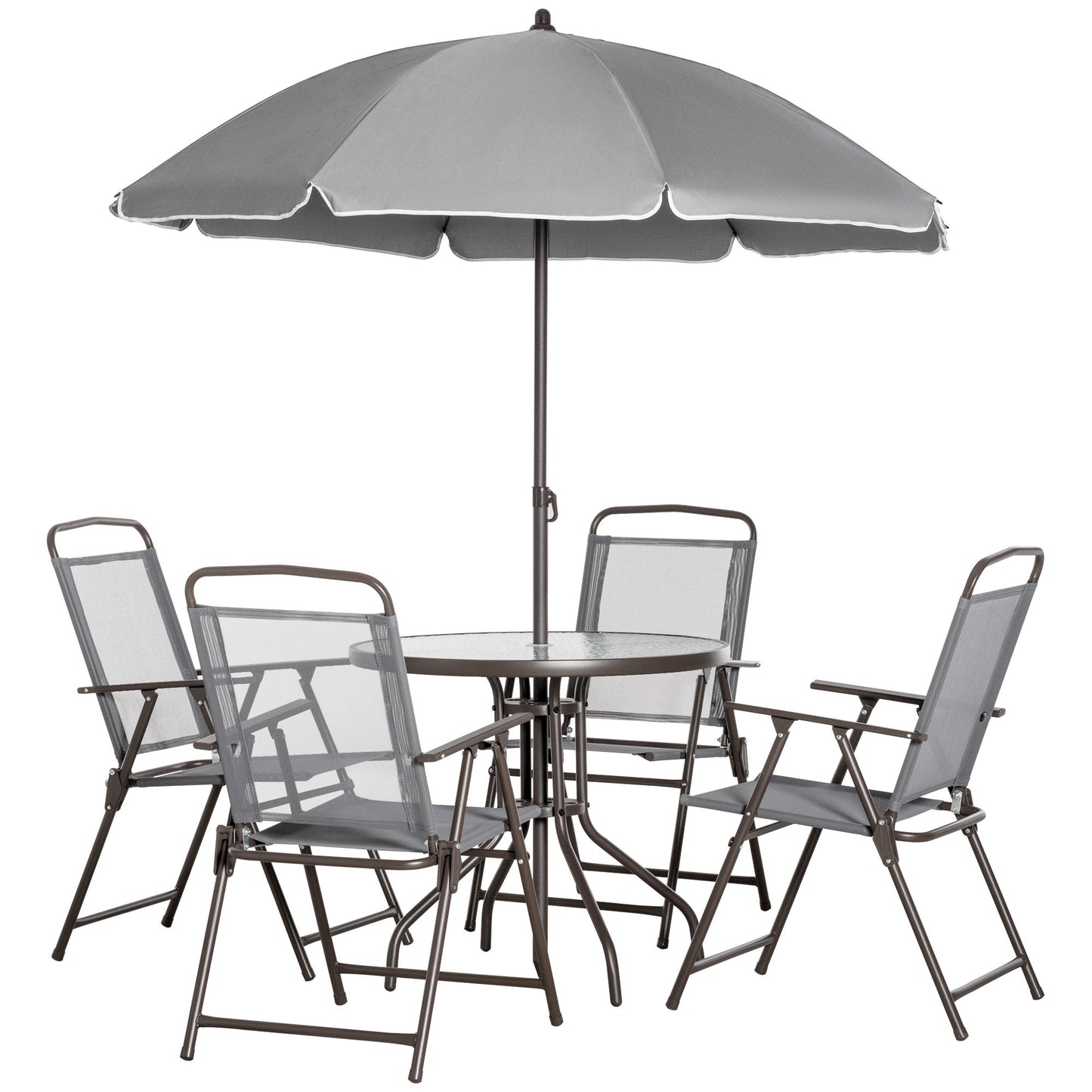 6 Pieces Outdoor Dining Set for 4 with Umbrella Patio Outdoor Furniture Set with Round Table 4 Folding Chairs Grey