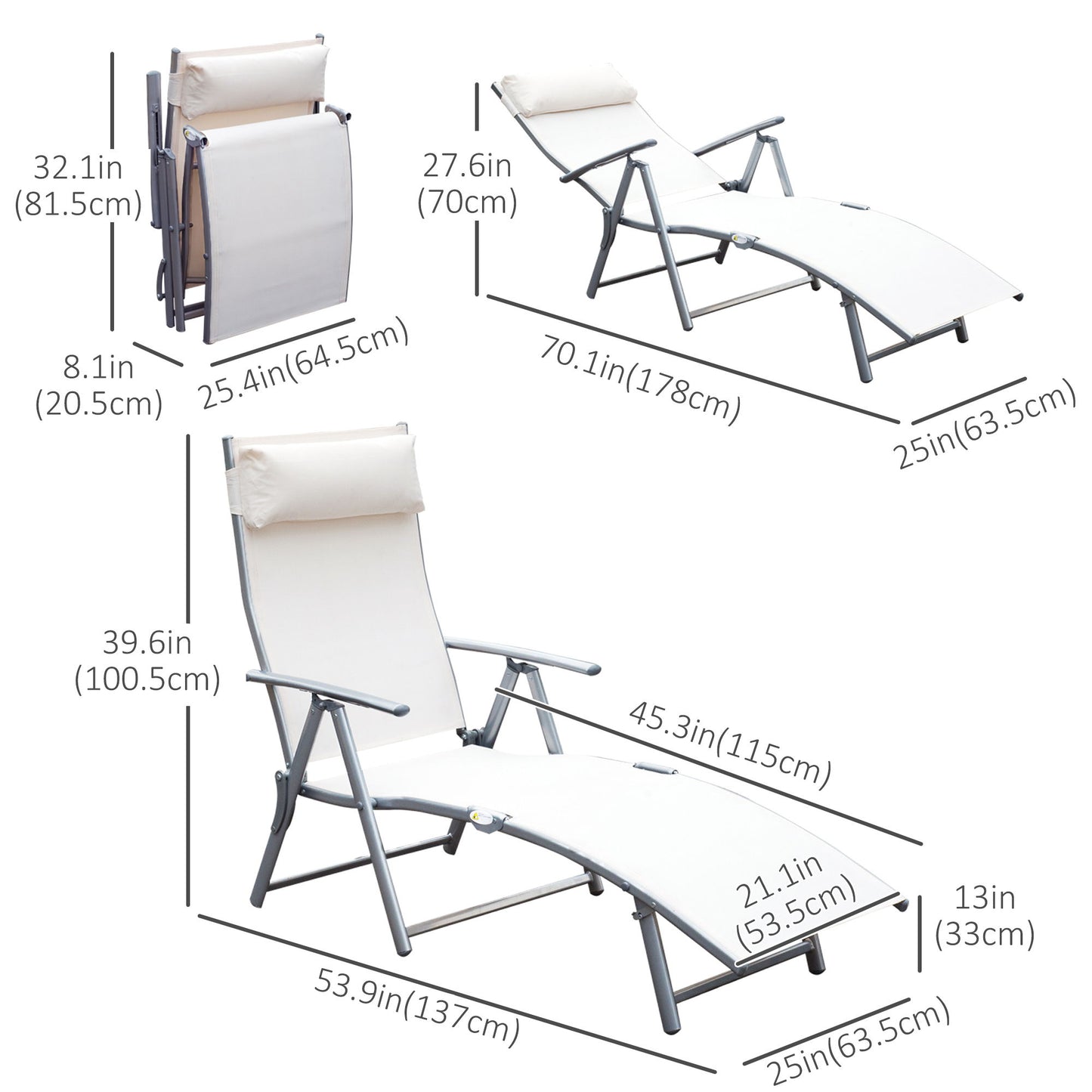 Heavy-duty Adjustable Folding Reclining Chair Outdoor Sun Lounger Patio Chaise Lounge Garden Beach Gravity Lounge with Pillow, 7 Adjustable Backrest Positions, Cream