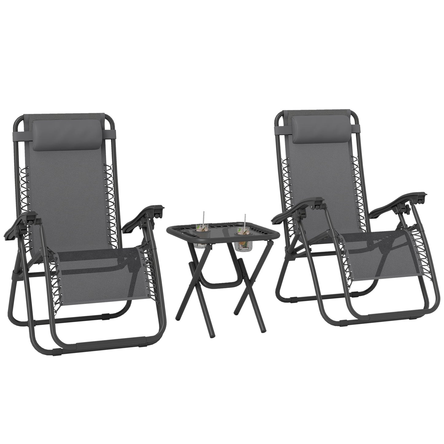 Zero Gravity Chair Set of 2 Patio Chair with Side Table Cupholders and Pillows for Pool, Backyard, Lawn, Beach, Grey