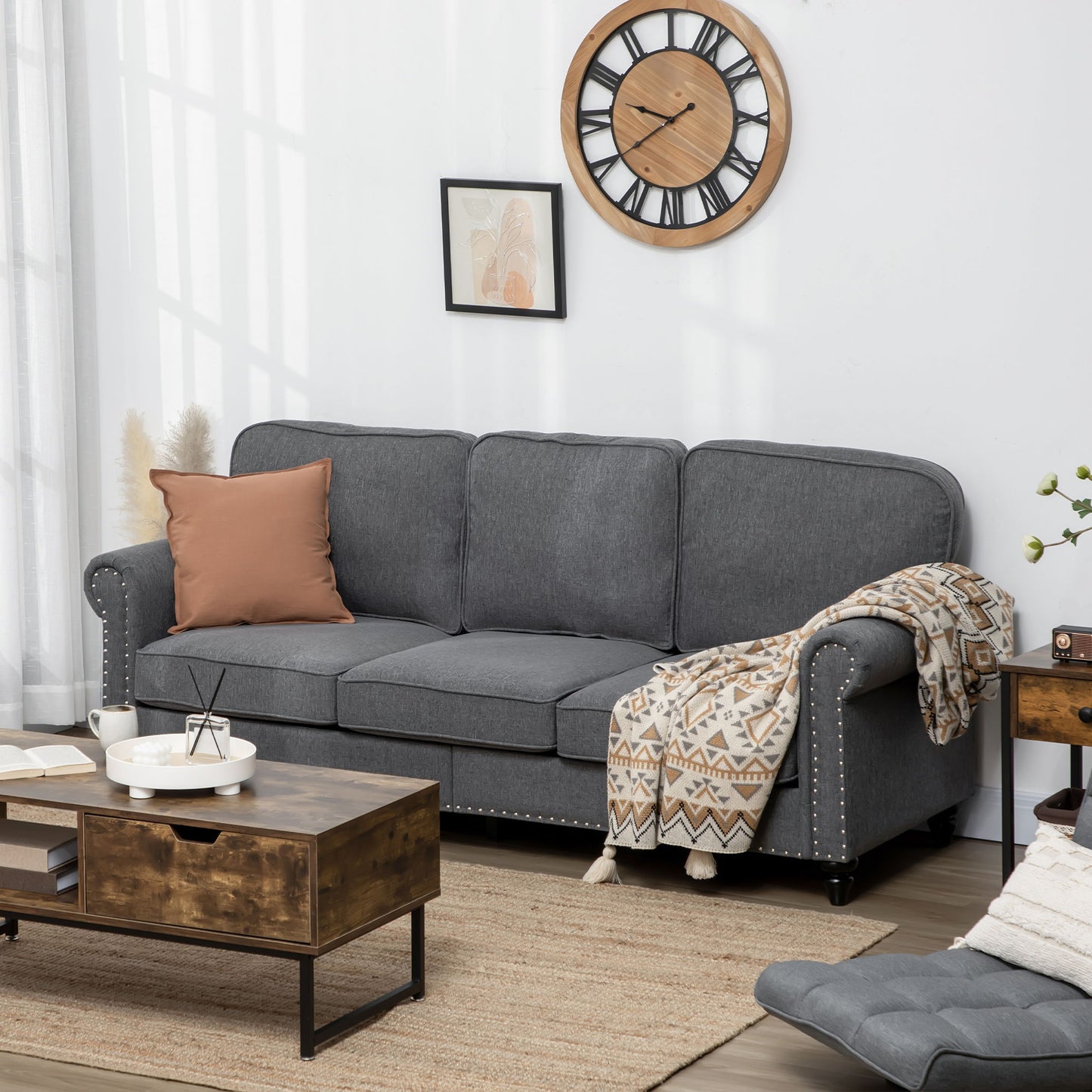 3-Seater Sofa Couch, 81" Modern Upholstered Linen Fabric Sofa with Rubberwood Legs, Nailhead Trim and Rolled Arms for Living Room, Bedroom and Apartment, Grey