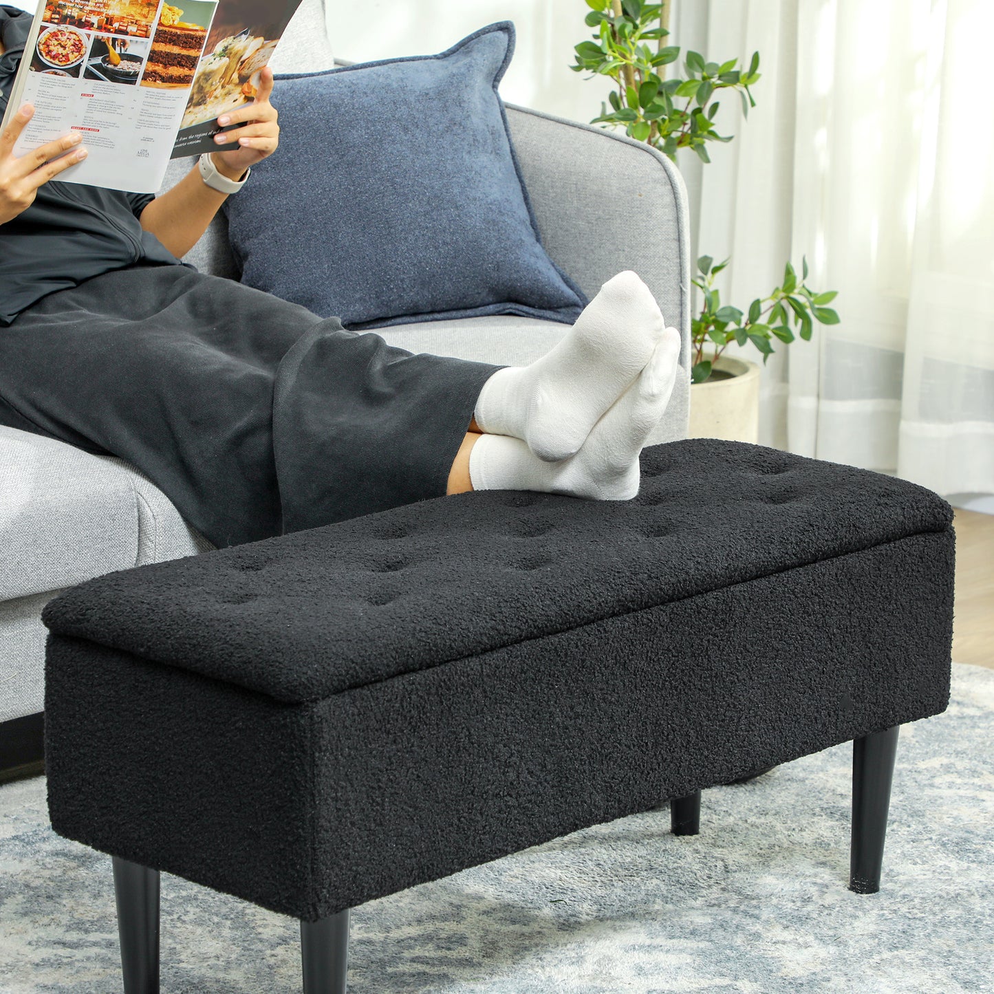 Modern Storage Bench, Ottoman with Storage and Lamb's Wool Upholstery for Living Room, Bedroom, Black