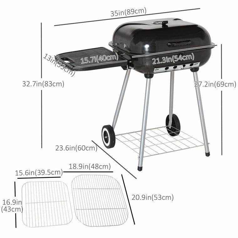 89 x 60 x 83 cm Black Charcoal BBQ Smoker with Warming Rack