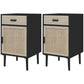 Boho Bedside Tables Set of 2, Nightstands with Drawer, Rattan Cabinet, Adjustable Shelf for Bedroom, Living Room, Black