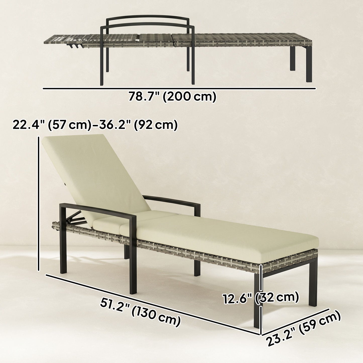 Chaise Lounge Chairs Outdoor, Set of 2 Wicker Patio Lounge Chairs with 5-Level Adjustable Backrest, Cushion