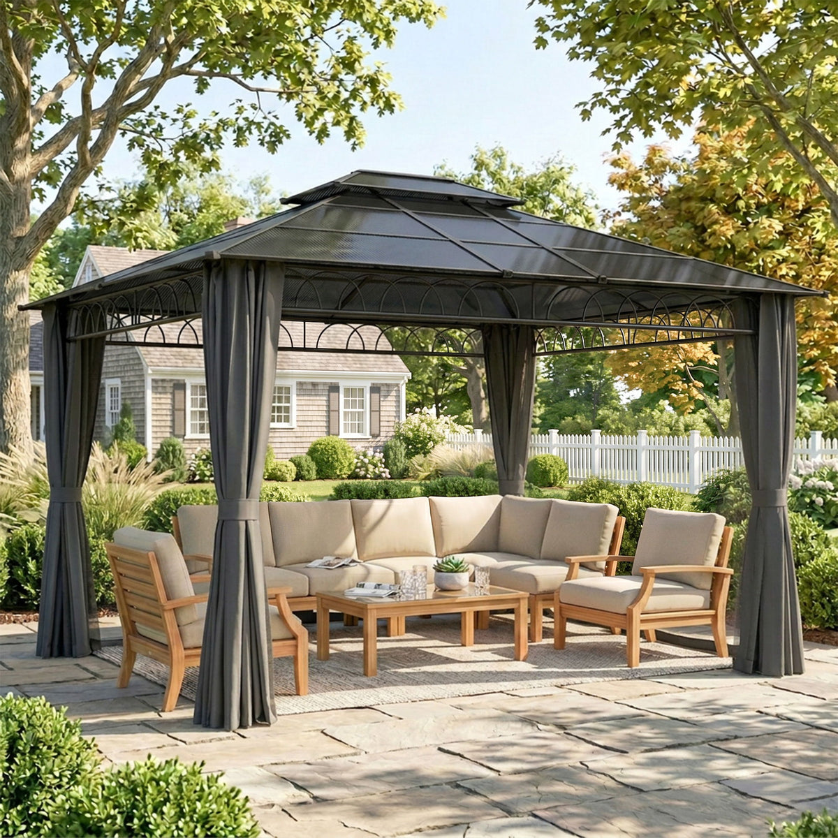 10' x 12' Outdoor Gazebo Canopy, Double Roof Hardtop Gazebo with Polycarbonate Roof, Steel Frame, Nettings and Curtains