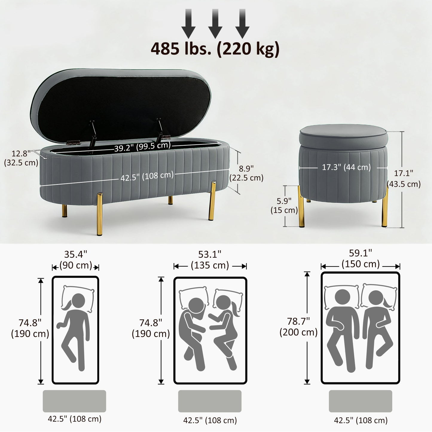 Upholstered Bedroom Bench, Channel Tufted Ottoman Bench with Thick Padding and Metal Legs, Grey