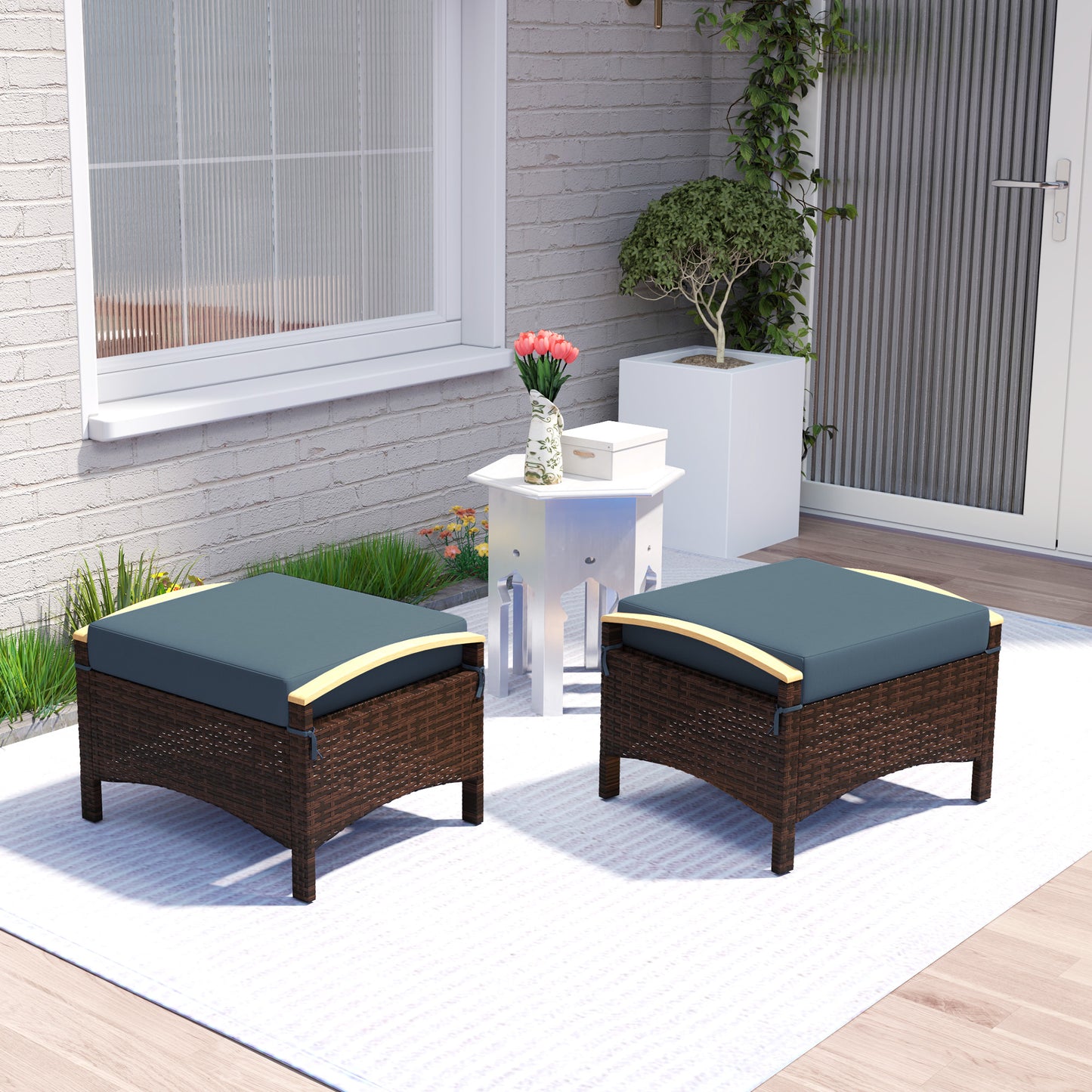 2 Pieces Wicker Outdoor Ottoman with Removable Cushion, Rattan Outdoor Footstool, Footrest and Side Table, Blue