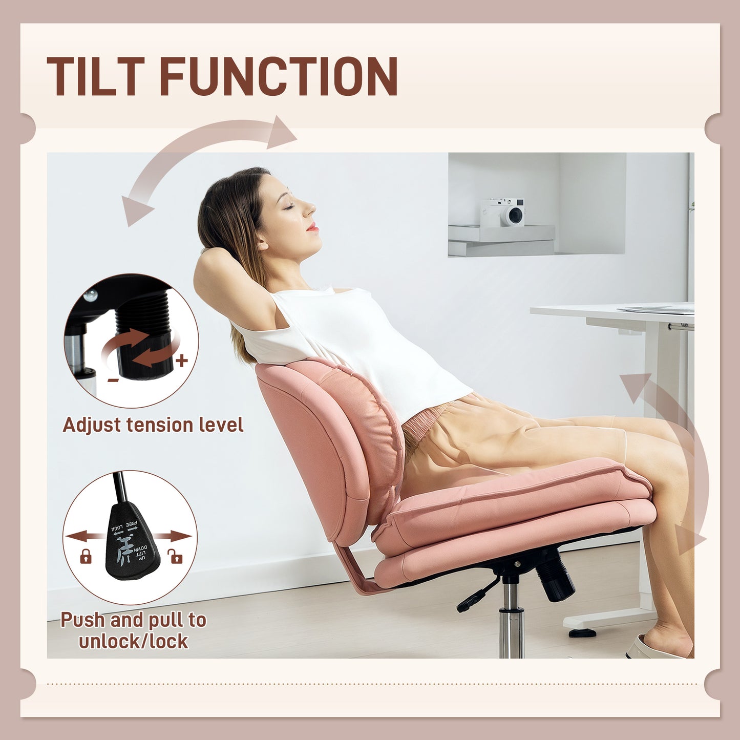 Criss Cross Chair, Armless Wide Office Chair with Leathaire Upholstery, Tilting, No Wheels, Pink