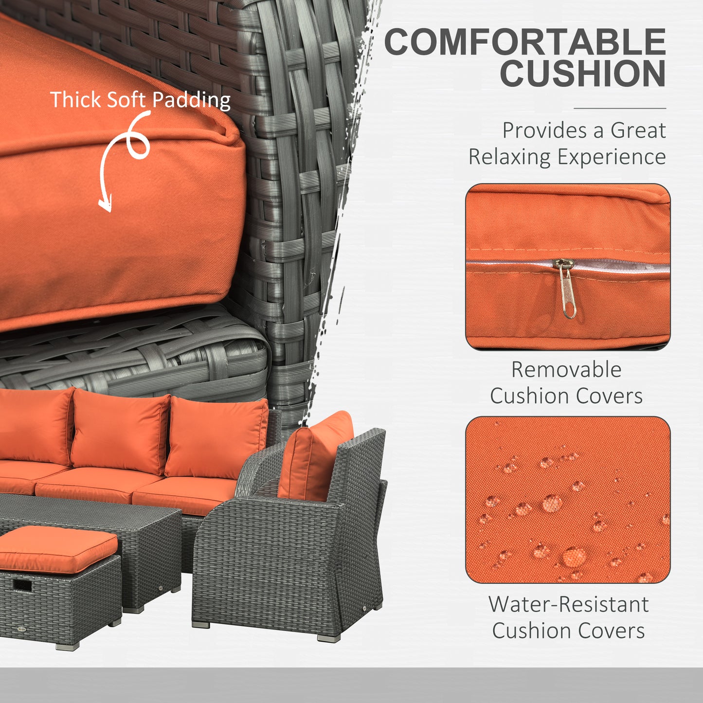 6 Pieces Patio Furniture with 2 Recliner Chairs, PE Wicker Sectional Furniture Conversation Set with a 3-Seat Sofa, 2 Footstools, Table, Cushions, Orange