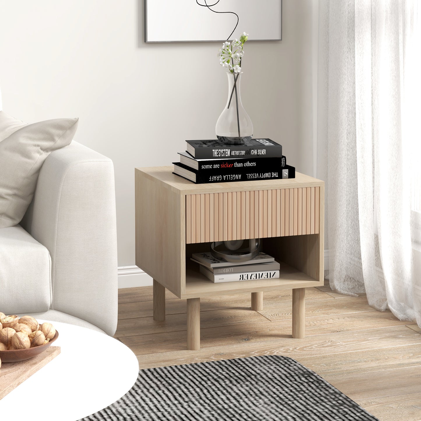 Modern Bedside Table with Drawer and Open Shelf, Sofa Side Table for Bedroom Living Room, Natural