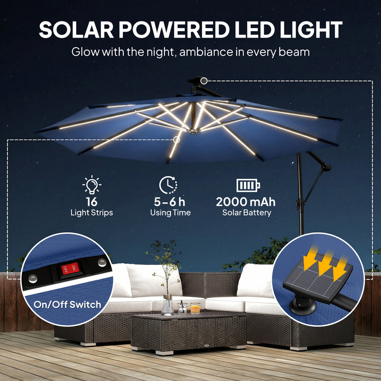 10' Navy Blue Offset Umbrella with Solar Light & 360° Rotation