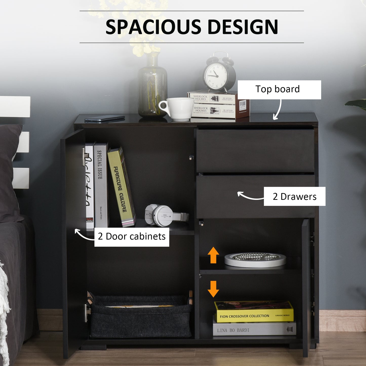 High Gloss Buffet Sideboard with 2 Drawers, 2 Doors and Adjustable Shelf, Kitchen Storage Cabinet with Push Open Design, Black