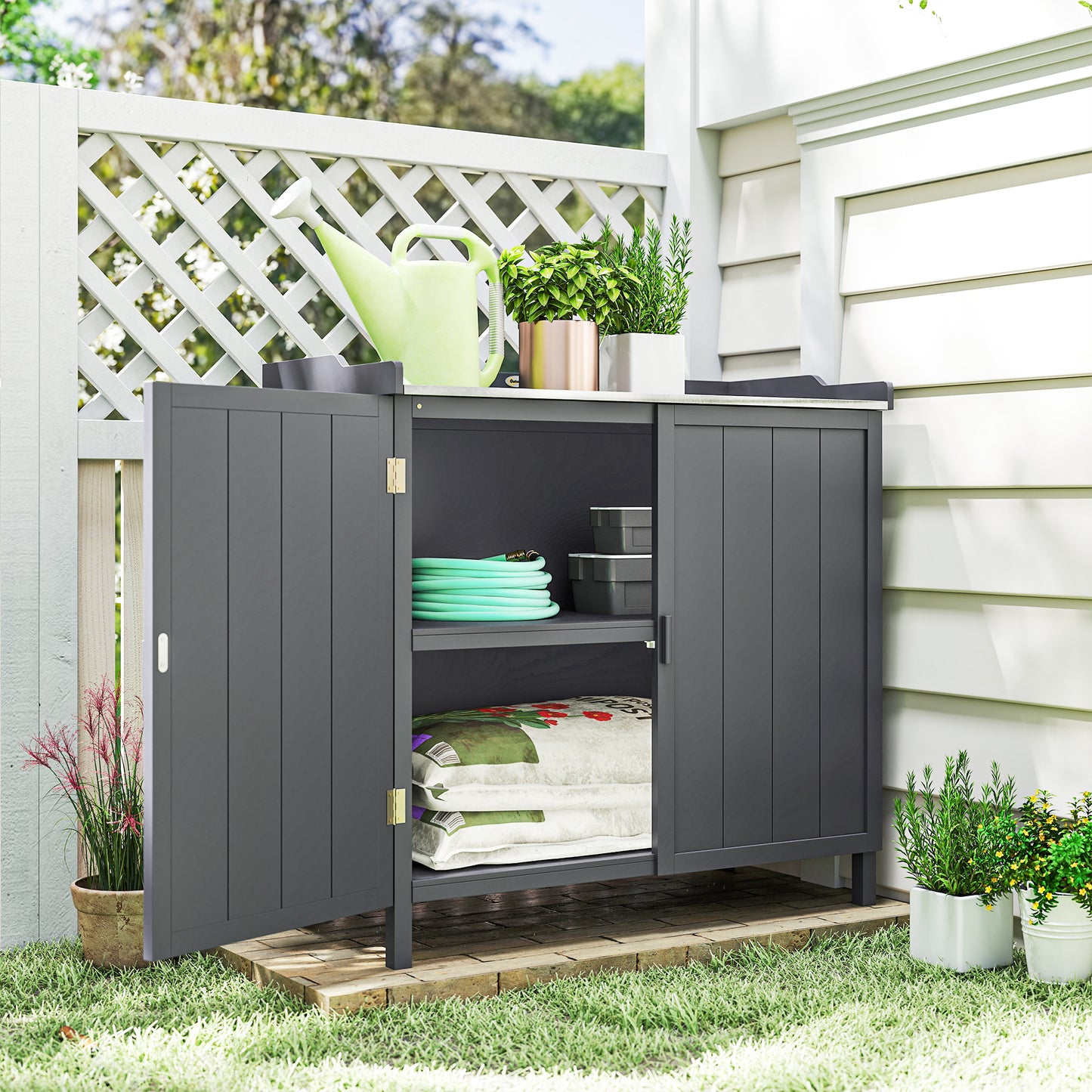 Garden Storage Cabinet, Outdoor Potting Bench Table with Galvanized Top and Shelf, Tool Shed with Double Doors, Grey