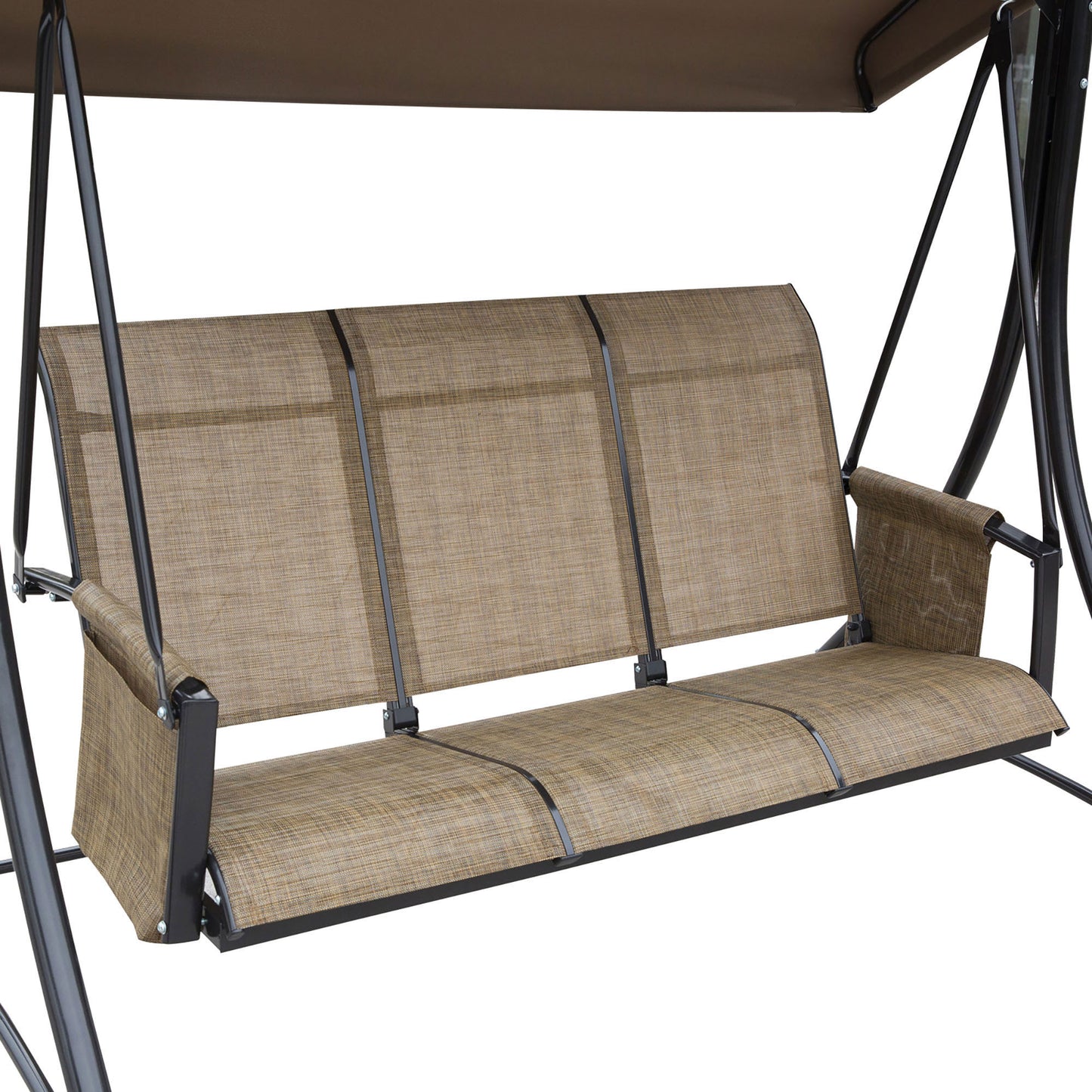 3 Person Porch Swing Outdoor Swing Chair with High Back Design, Side Pouches and Adjustable Canopy, Brown