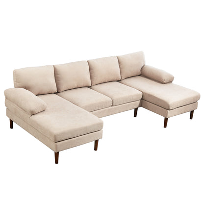 U Shape Couch with Double Chaise Lounge, Modern 4 Seater Sofa with Wooden Legs, Fabric Sofa for Living Room - Beige