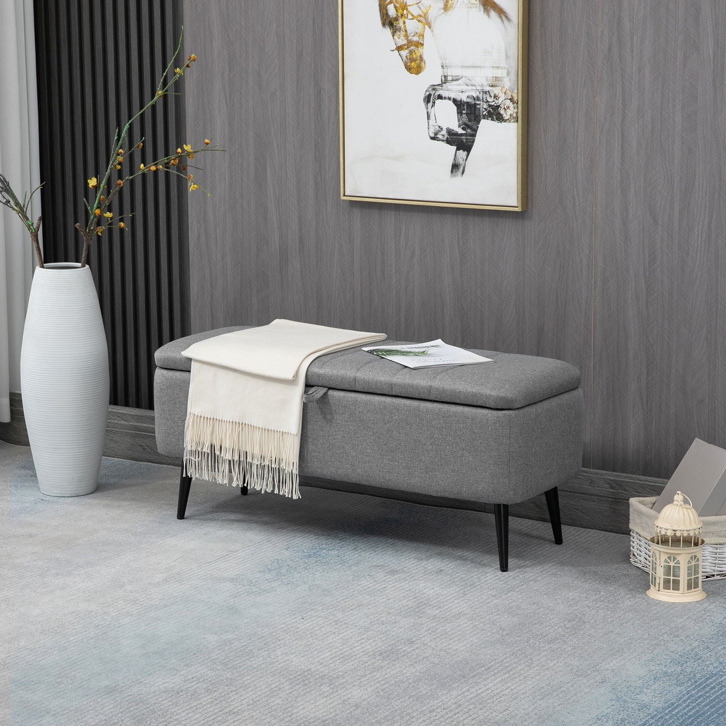 40" Ottoman with Storage, Linen Upholstered Storage Ottoman Bench with Steel Legs for Living Room, Bedroom Grey