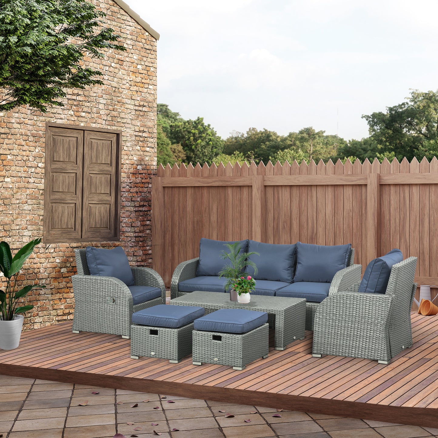 Patio Furniture with Cushions, 6 Pieces PE Wicker Patio Sectional Furniture Conversation Set w/ a Three-Seat Sofa, 2 Recliner Chairs, 2 Footstools & Table, Dark Blue