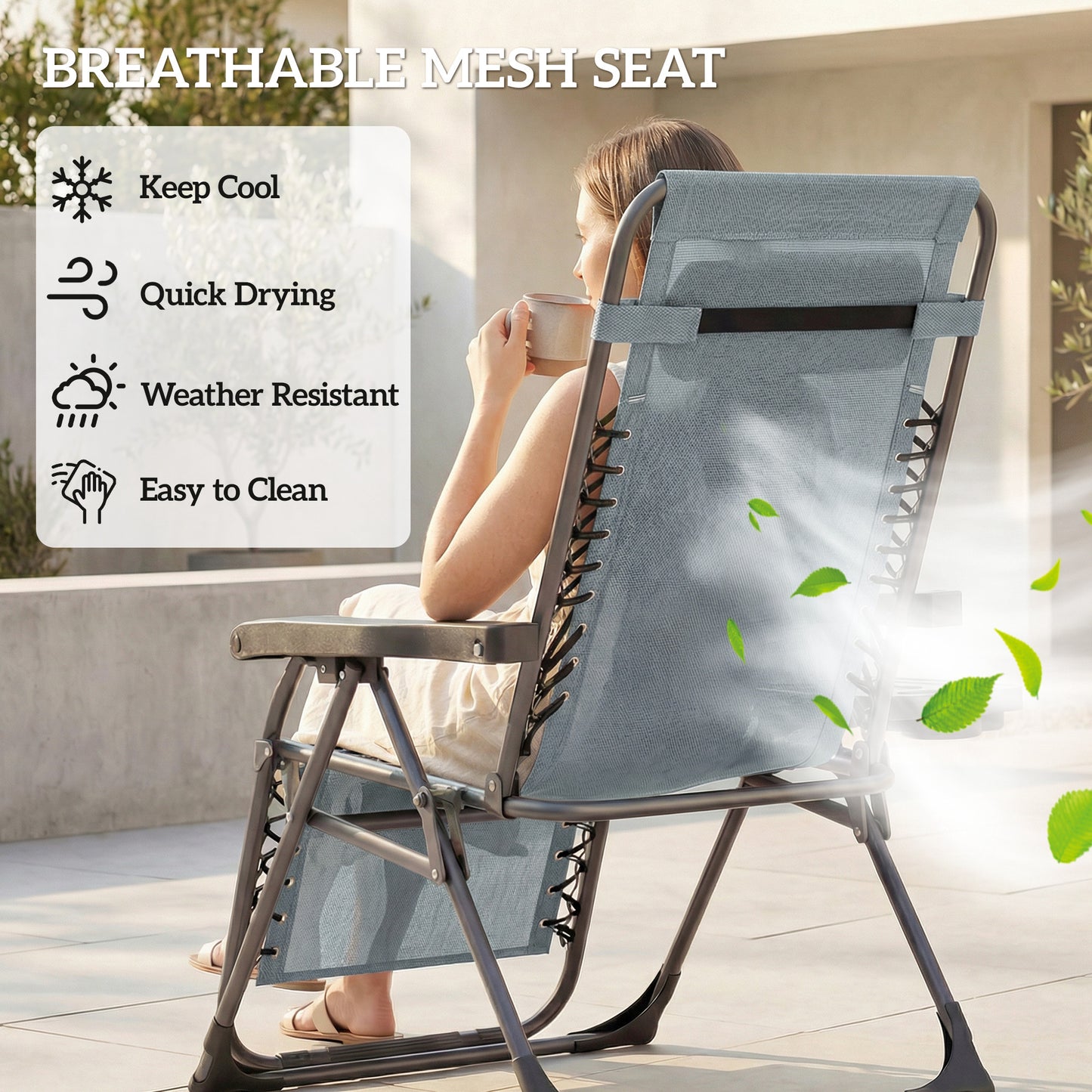 Zero Gravity Chair Set of 2, Folding Reclining Outdoor Lounge Chair with Cup Holder, Headrest, Light Grey