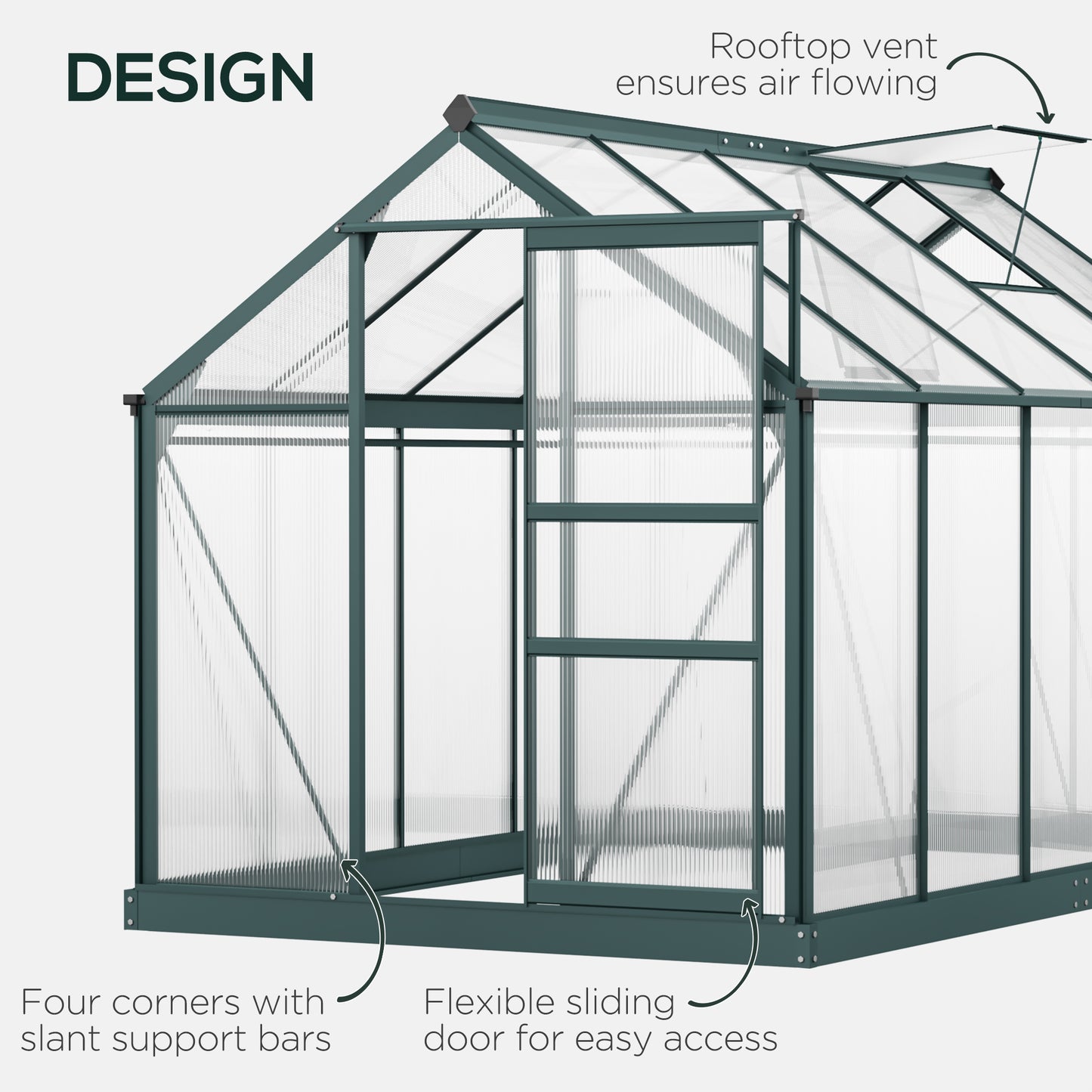 6' x 10' x 6.6' Polycarbonate Greenhouse, Walk-In Green House Kit Garden, Plants Grow, Galvanized Sheet Aluminum Frame with Rain Gutter, Vents and Sliding Door, Green