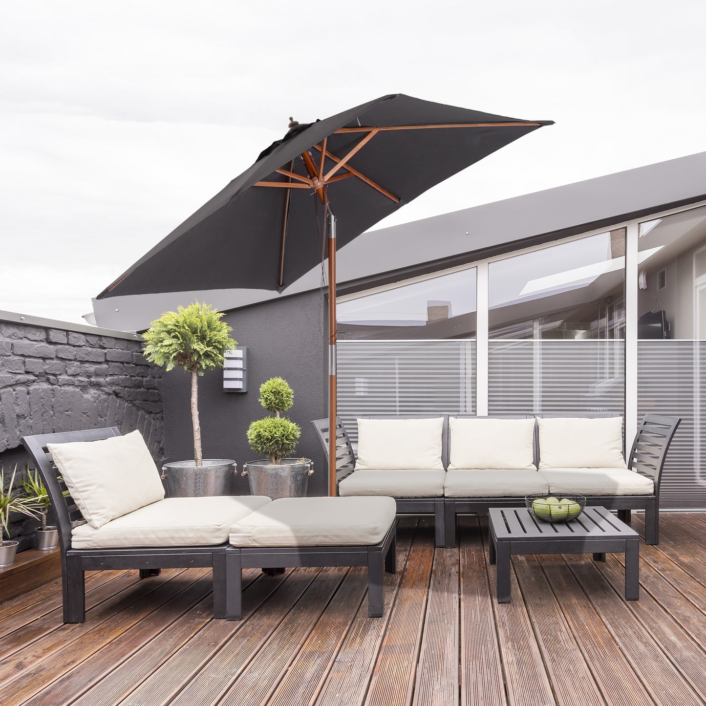 6.6x5ft Square Market Parasol, Wooden Patio Umbrella with Tilt Mechanism and 6 Bamboo Ribs, Garden Sunshade, Dark Grey