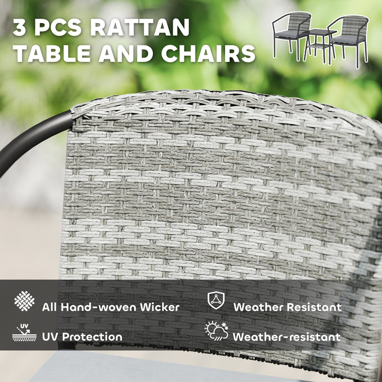 3-Piece Wicker Bistro Set with Armchairs and Glass Table