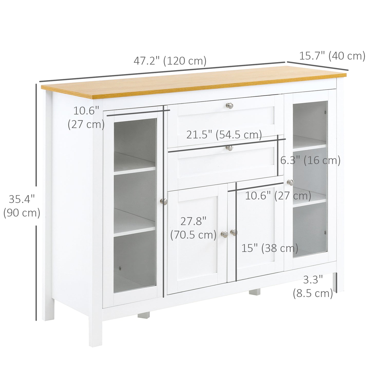 Buffet Cabinet Sideboard with 2 Drawers, 3 Storage Cabinets, Glass Doors and Adjustable Shelves, White