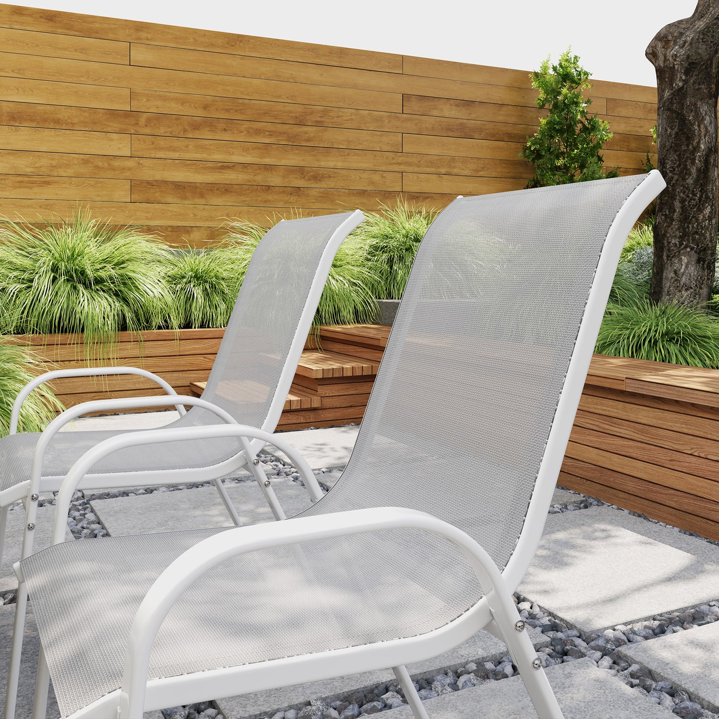 Set of 4 Outdoor Dining Chairs, Stackable Lawn Chairs with High Back, Breathable Mesh Seat for Garden Porch, White