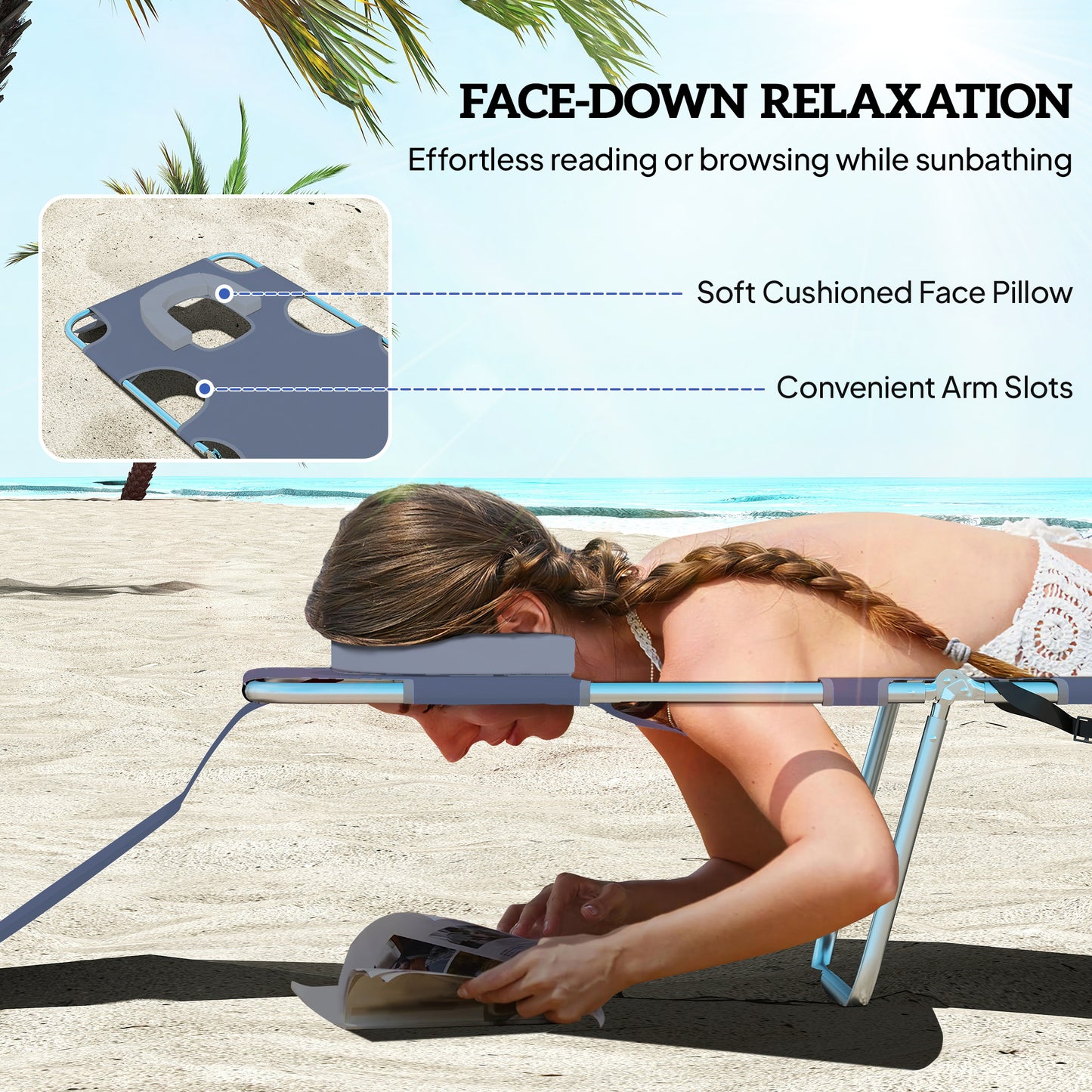 Folding Outdoor Lounge Chair, 5-Level Tanning Chair with Face Hole, Side Pocket, Carry Strap for Beach Pool, Grey