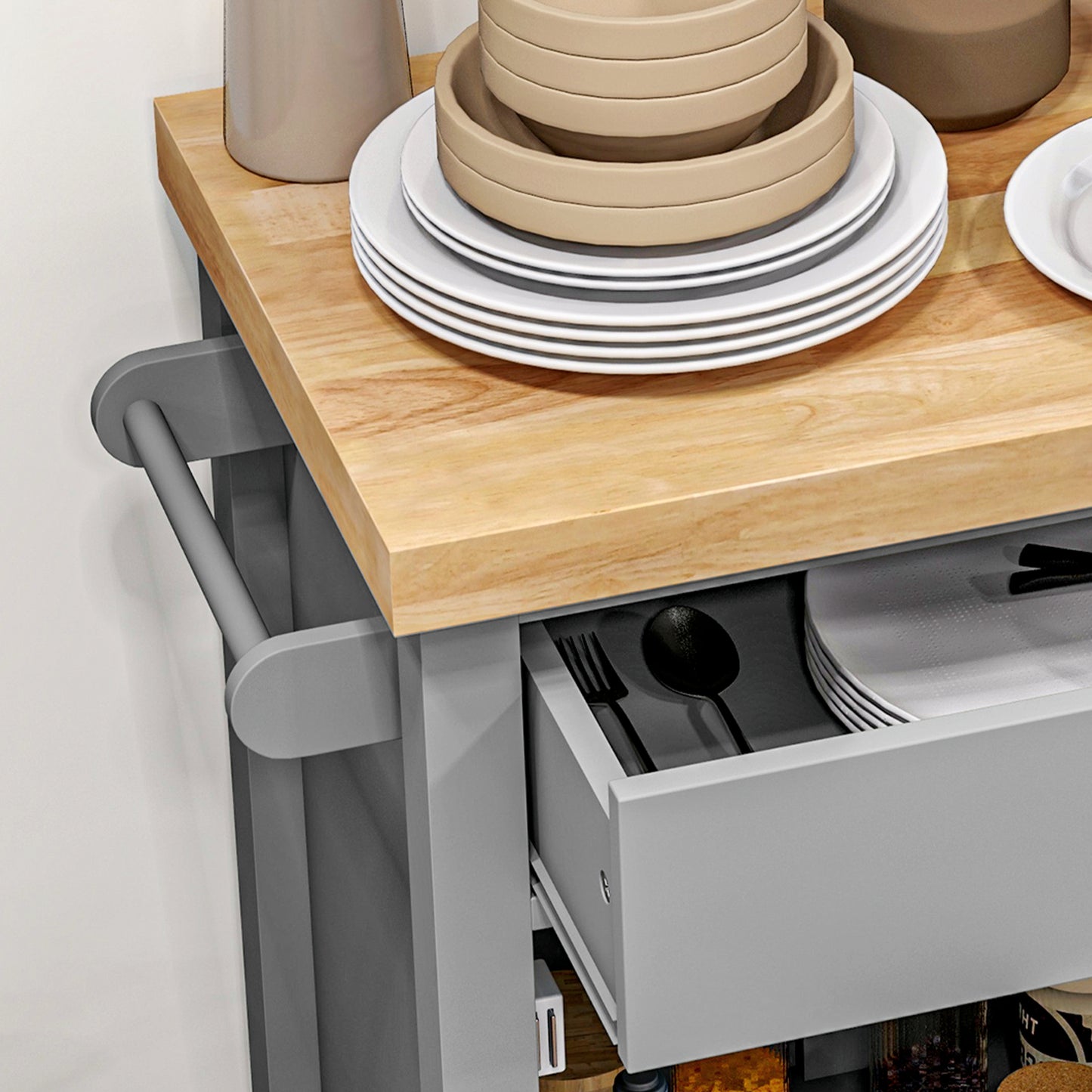 Kitchen Cart on Wheels, Rolling Kitchen Island Cart with Wood Top, Towel Rack, Drawer and Shelf for Dining Area, Grey