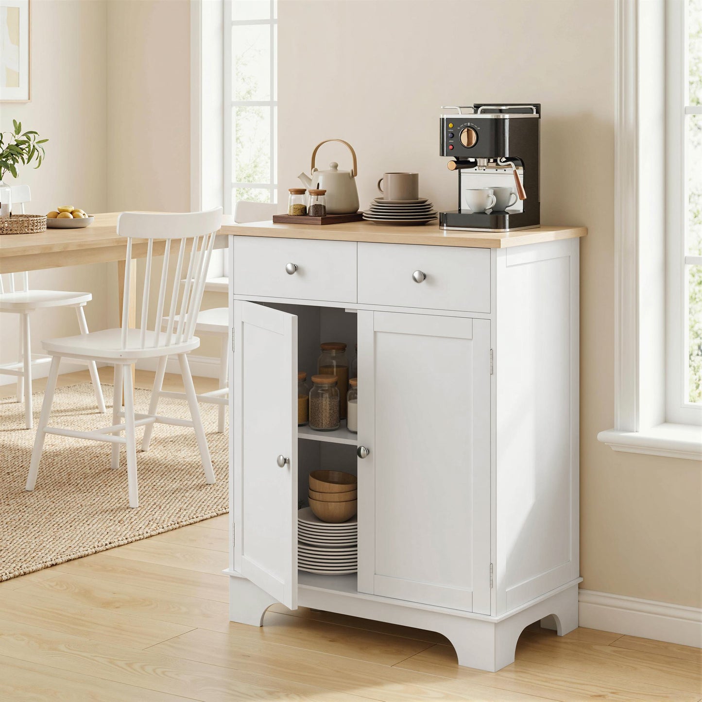 Sideboard Buffet Cabinet with Storage, 27" Kitchen Cabinet with Adjustable Shelf, 2 Drawers and 2 Doors, Coffee Bar Cabinet with Rubberwood Tabletop, White