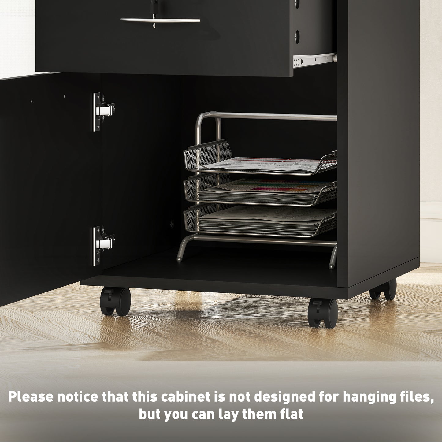24" Small Filing Cabinet with Open Compartment, Drawer and Wheels, Home Office Storage Cabinet, Black